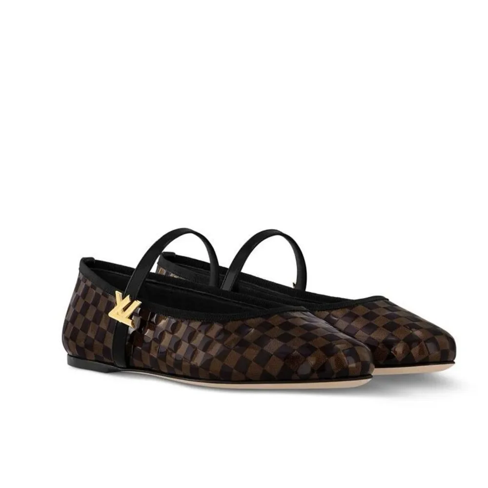 LOUIS VUITTON Romy Maryjane Ballet Flat Size 38 Damier Black Brown Leather